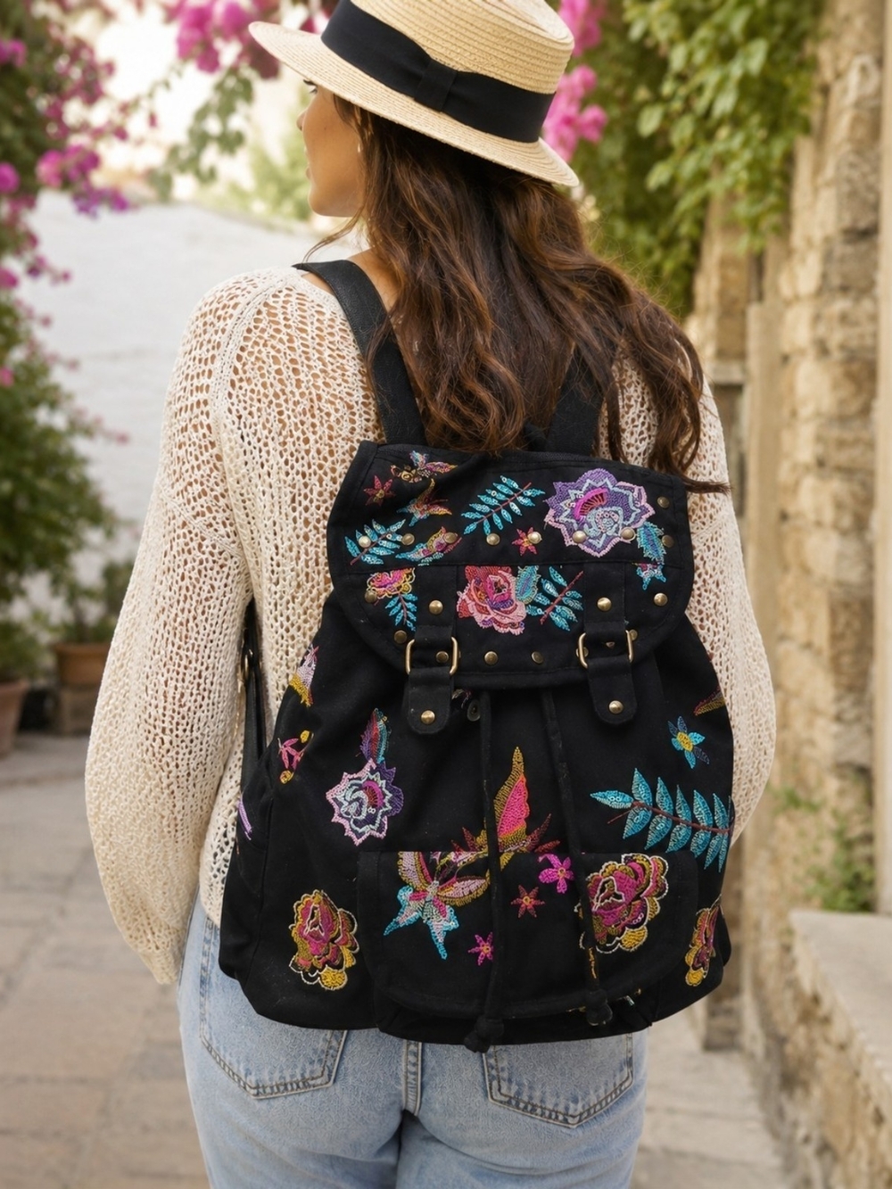 STONE MOUNTAIN Embroidered Floral  Cotton Canvas Backpack Boho Festival Folk Art